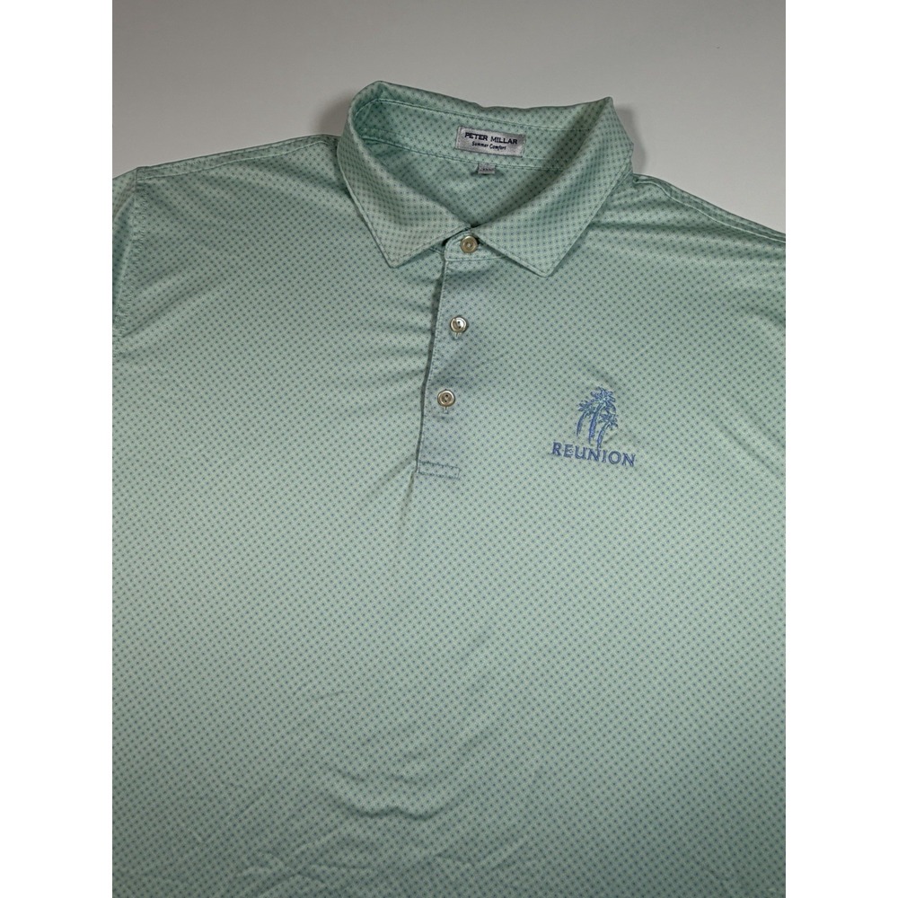 Peter Millar Summer Comfort Golf Polo Shirt Mens XXL Green Geo Print Reunion